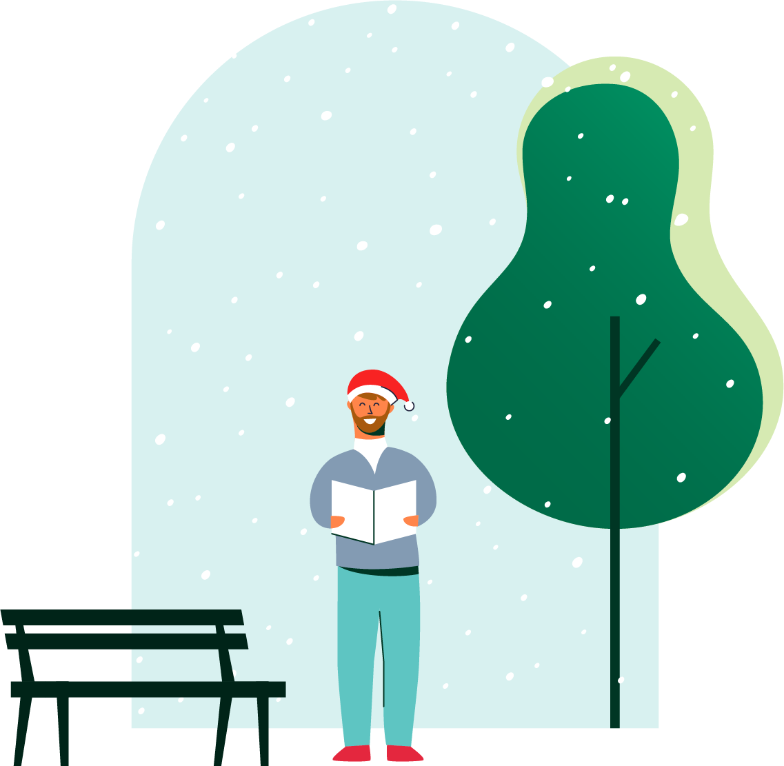 Illustration of a man caroling next to a park bench and a tree in the snow.